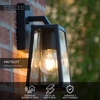 Lucide MATSLOT - Applique murale Intérieur/Extérieur - 1xE27 - IP23 - Noir